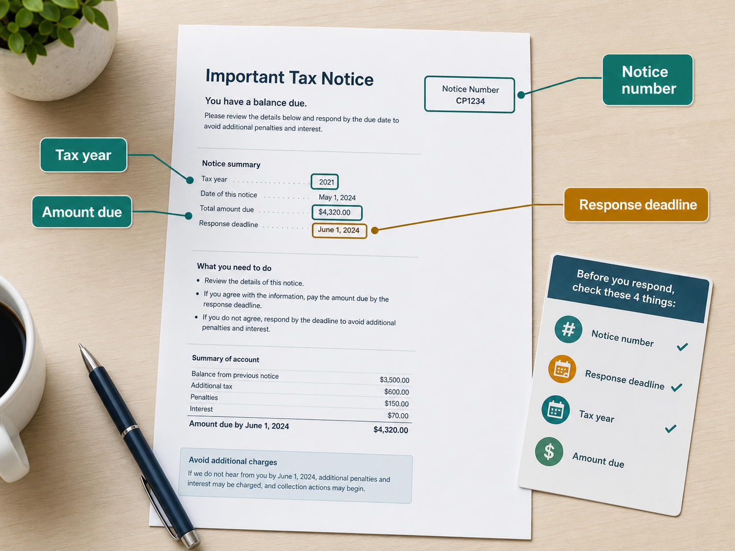 Example tax notice showing where to find the notice number, response deadline, tax year, and amount due