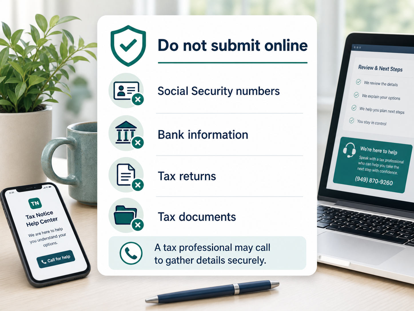 Checklist titled Do not submit online with Social Security numbers, bank information, tax returns, and tax documents listed