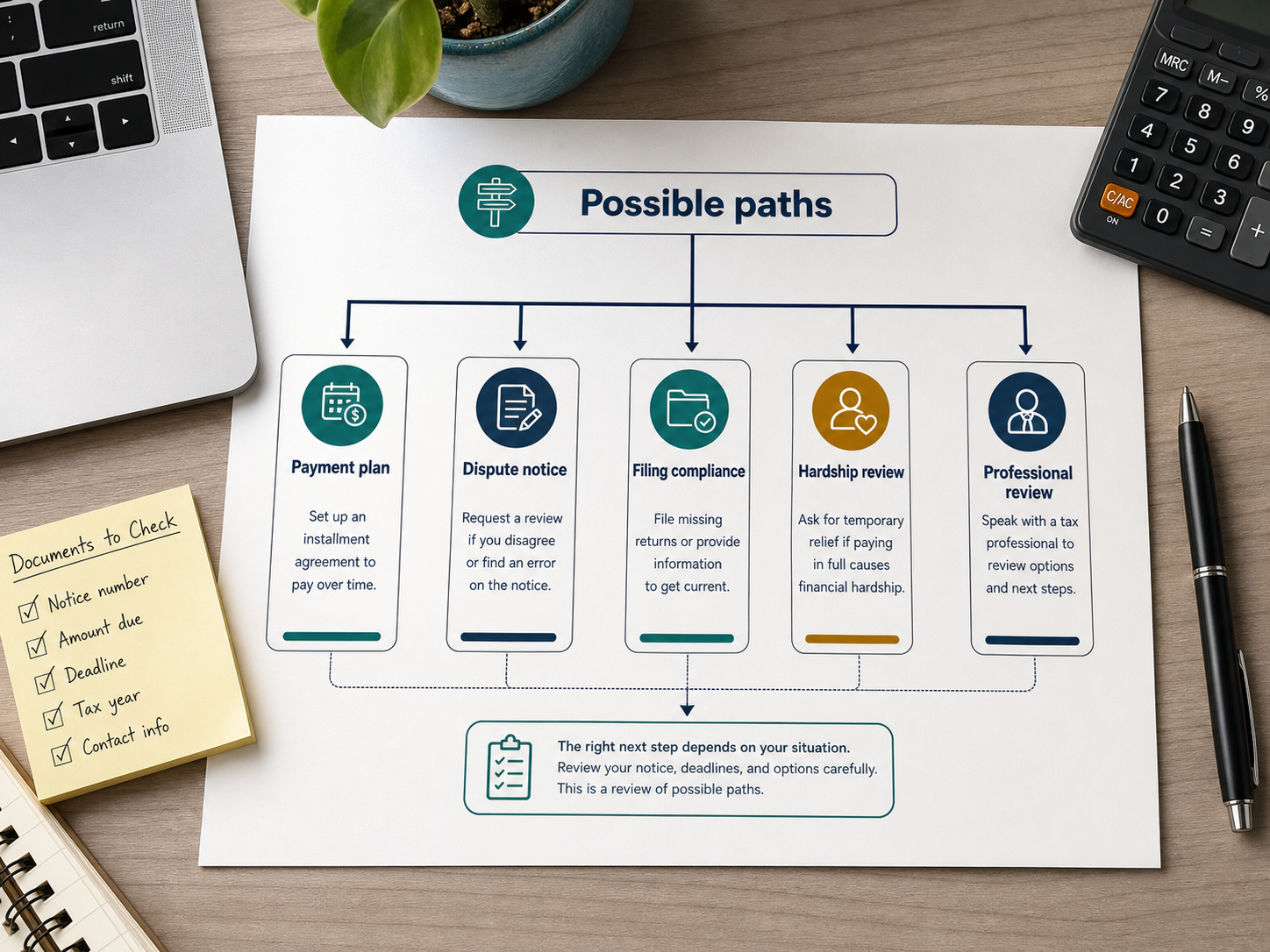 Possible tax notice paths including payment plan, dispute notice, filing compliance, hardship review, and professional review